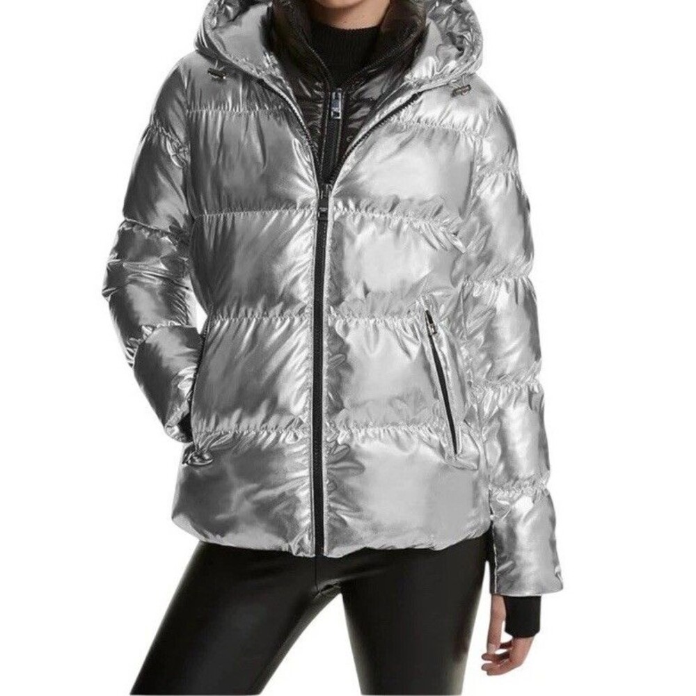 NEW$295 Michael Kors Ciré Shine Hooded Puffer Coat Jacket Silver Metallic Winter